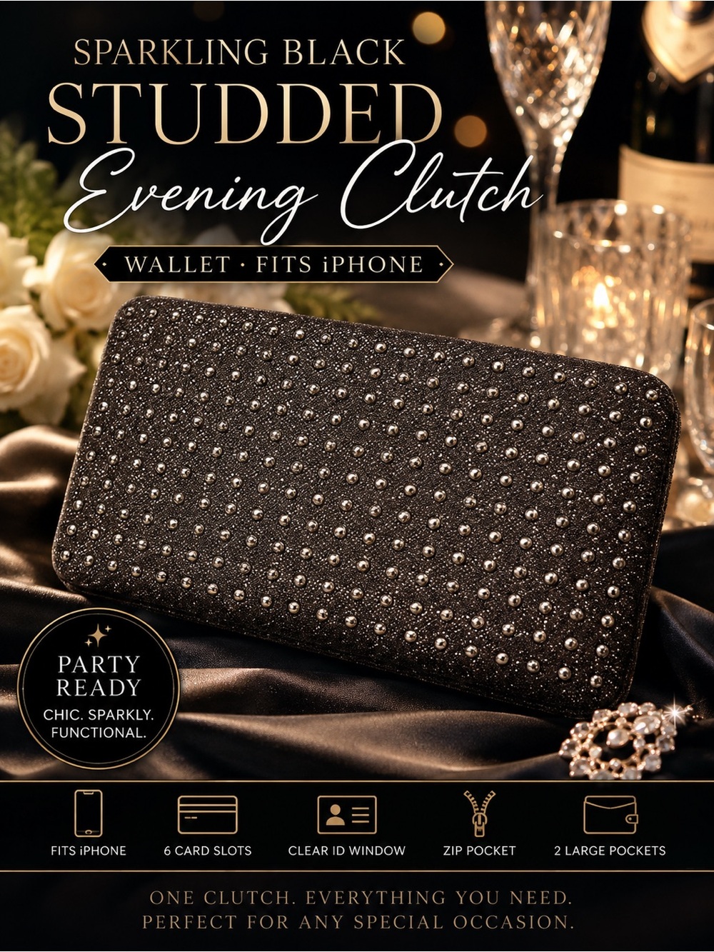 Sparkling Studded Clutch With Built-in Wallet! Black Evening Bag Fits iPhone